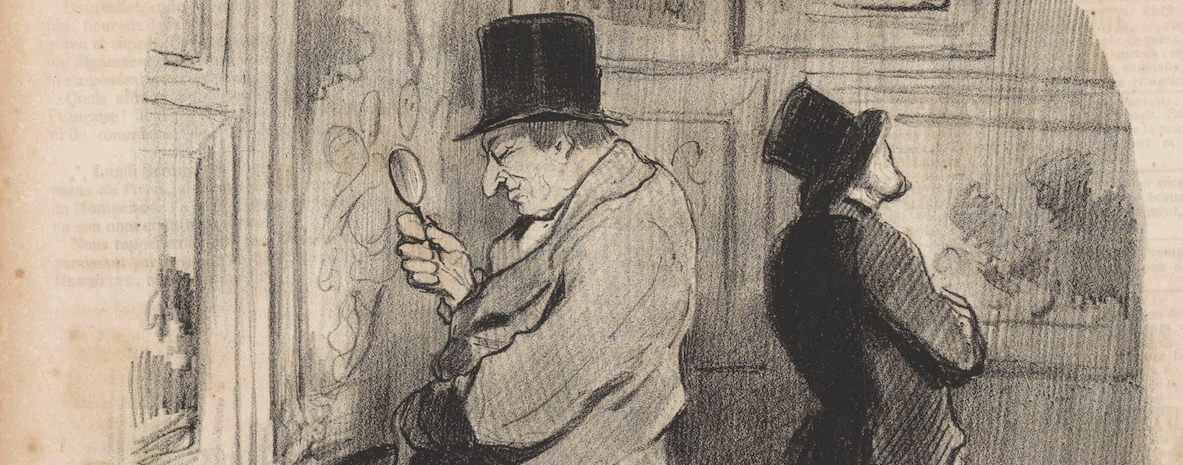 Man bekijkt een schilderij door een vergrootglas, Honoré Daumier, 1847