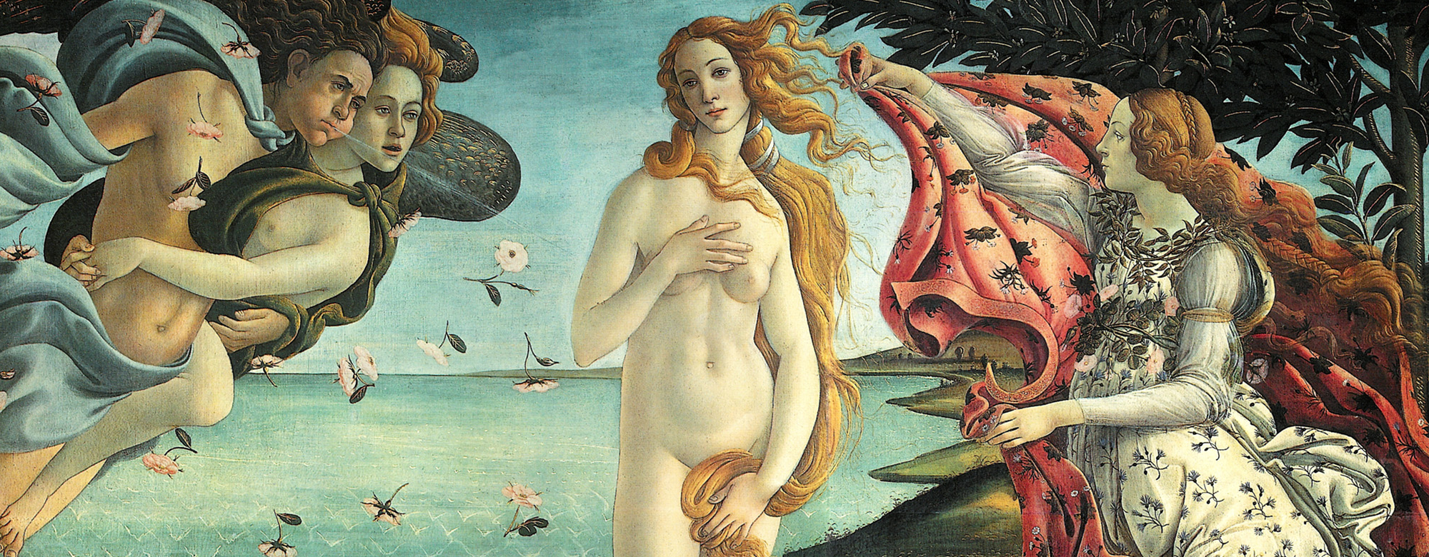 The goddess Venus arrives at the shore after her birth, when she had emerged from the sea fully-grown.