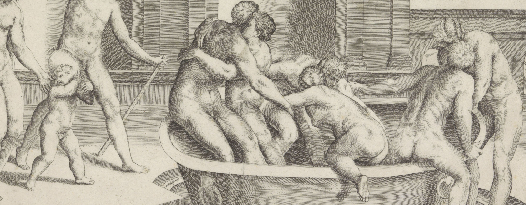 A group of naked men and women in a large bathtub in a bathhouse.