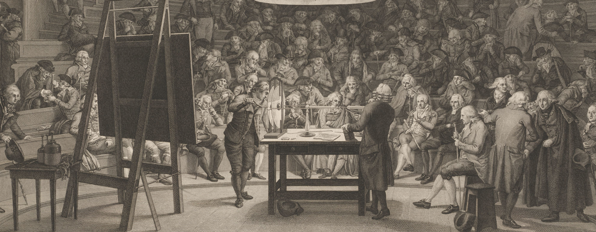Etching depicting the demonstration of the electrifying machine in the Hall of Physics in the building of the Felix Meritis society in Amsterdam, inaugurated in 1789.
