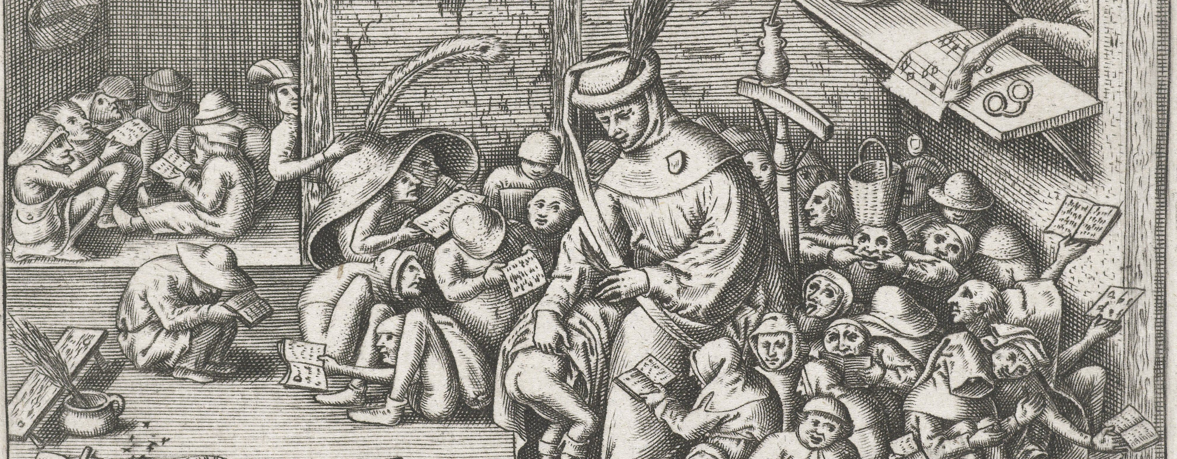 Cropped version of a print depicting the following scene: In a schoolroom several 'children' sit on the floor with books and one of them is given by the master with the rod. On the right an easel in a niche, reading by the light of a burning candle. Even if the donkey goes to school, it is still a donkey and will never turn into a horse, goes the saying. Its purport is that someone who has no qualities will never get very far.