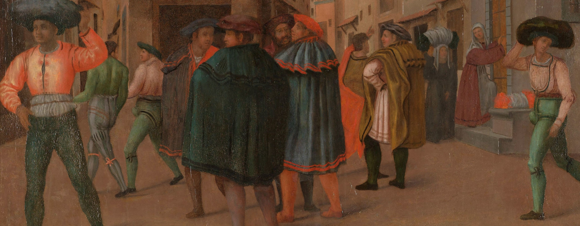 Cropped version of Florentine Street Scene with Twelve Figures (Sheltering the Traveler, one of the Seven Works of Mercy)