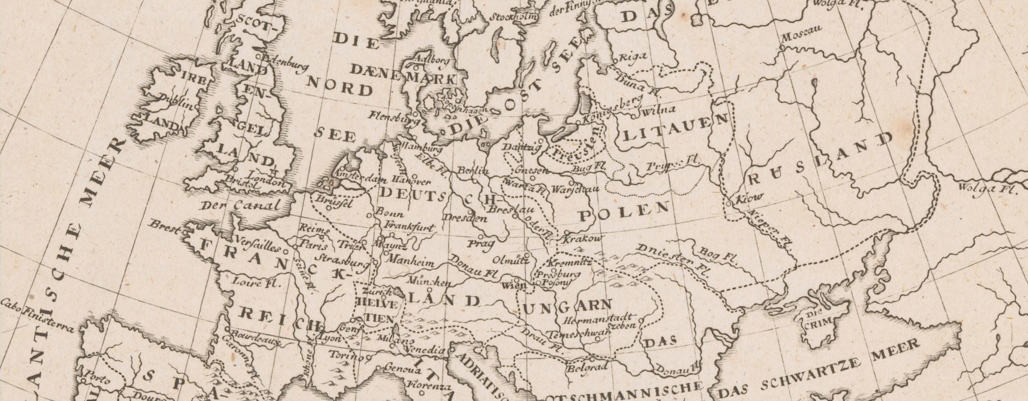 Crop from a historical map of Europe (etching).