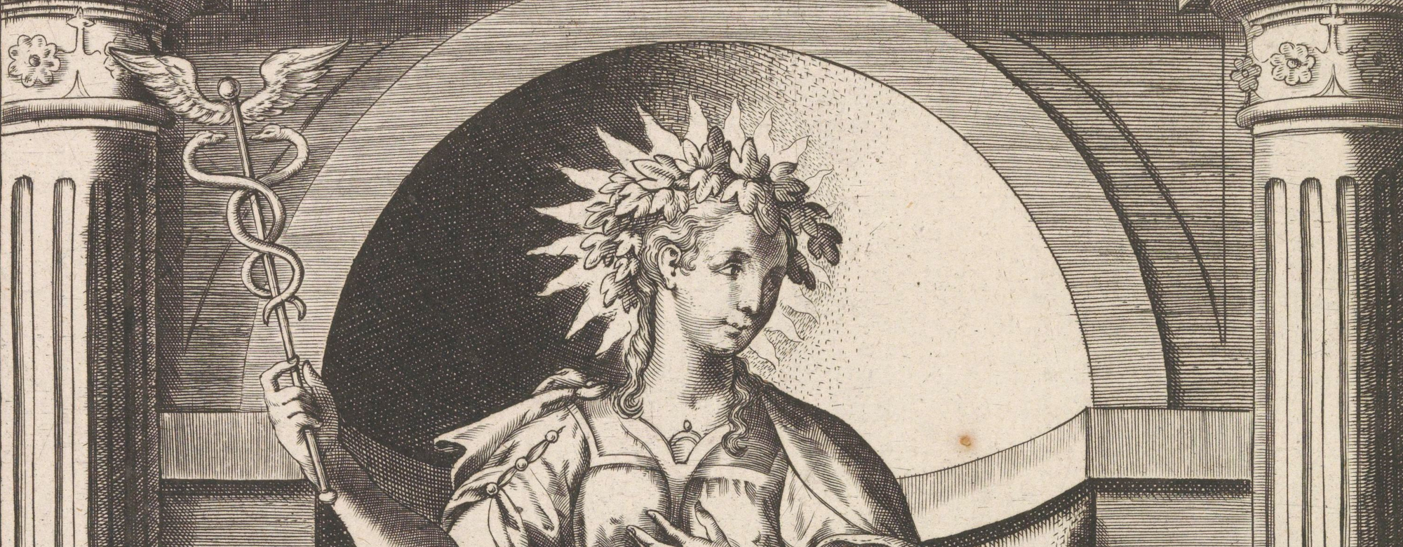 Engraving of the female personification of the gift of learning in a niche, one of the seven gifts of the Holy Spirit. She wears a crown of leaves and in her right hand she holds a caduceus. A radiant sun around her head.