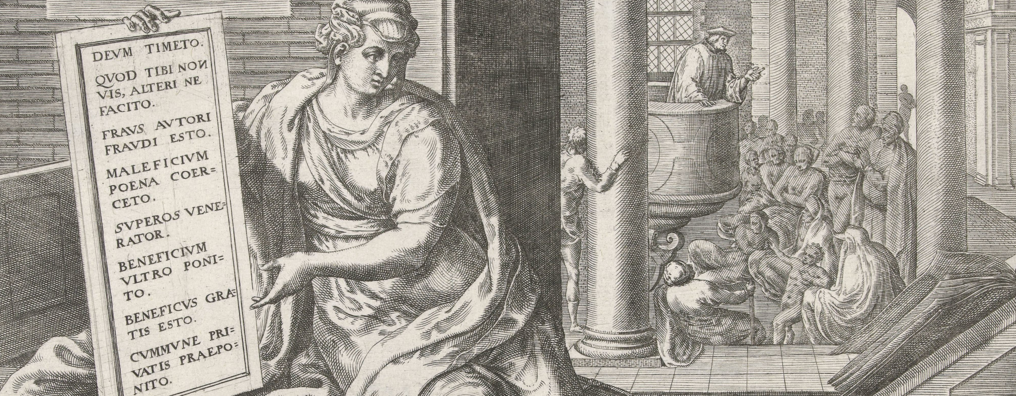 Print depicting the following: In the foreground the personification of politics (Politia). She is holding a text board with a list of commandments and warnings. Political and legal notebooks lie around her. In the background a church room with a preacher (?) in a pulpit. The print has a Latin caption and is part of a series of prints about human activities.