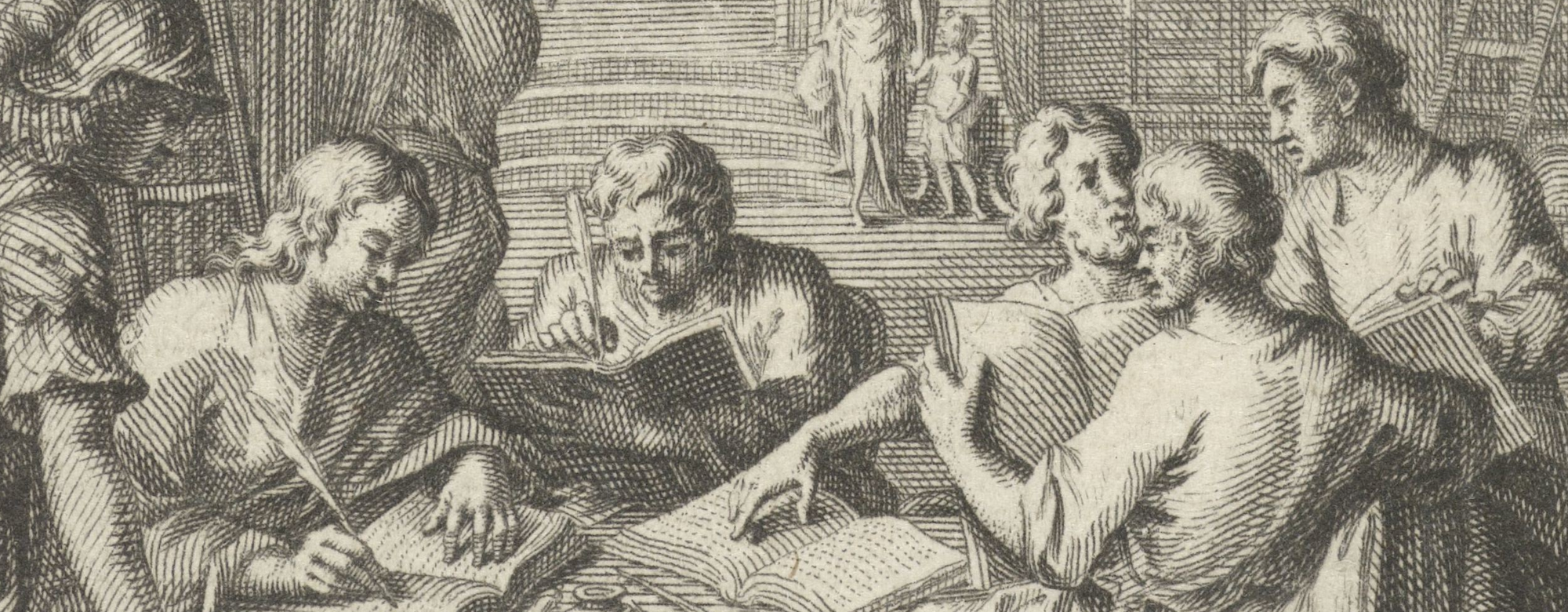 Etching of scholars in a library by Adolf van der Laan.