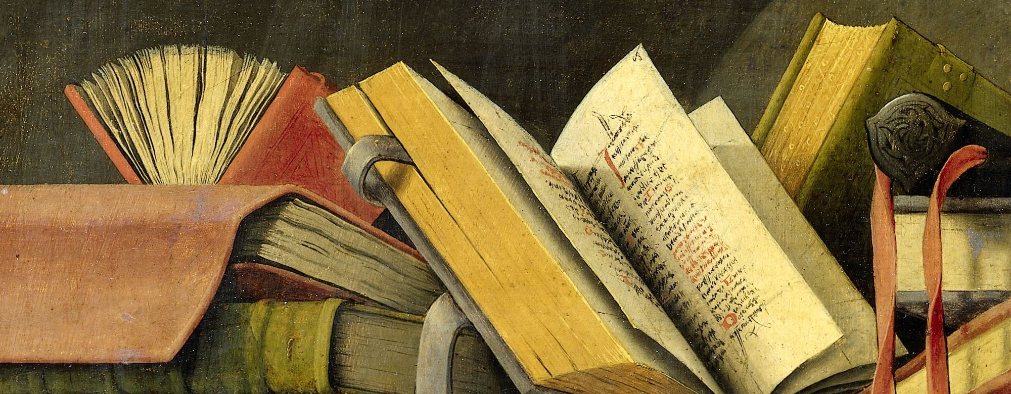 Still life with several open and closed books lying on a shelf in a niche. In the middle a pen case, on the right a round and a rectangular box. Upper part of the left side panel with the prophet Isaiah, in the Museum Boijmans-Van Beuningen in Rotterdam. The right side panel is located in the Royal Museum of Fine Arts in Brussels, the center panel with the proclamation is in the church of Ste. Madelaine in Aix-en-Provence.