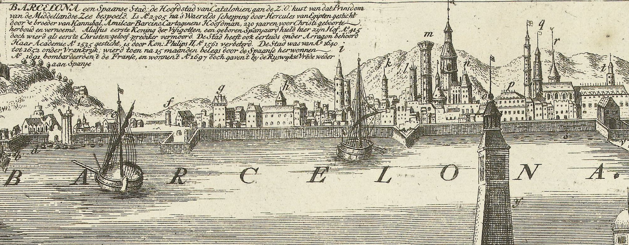 View on and map of Barcelona, ca. 1701-1713, Abraham Allard, after anonymous.