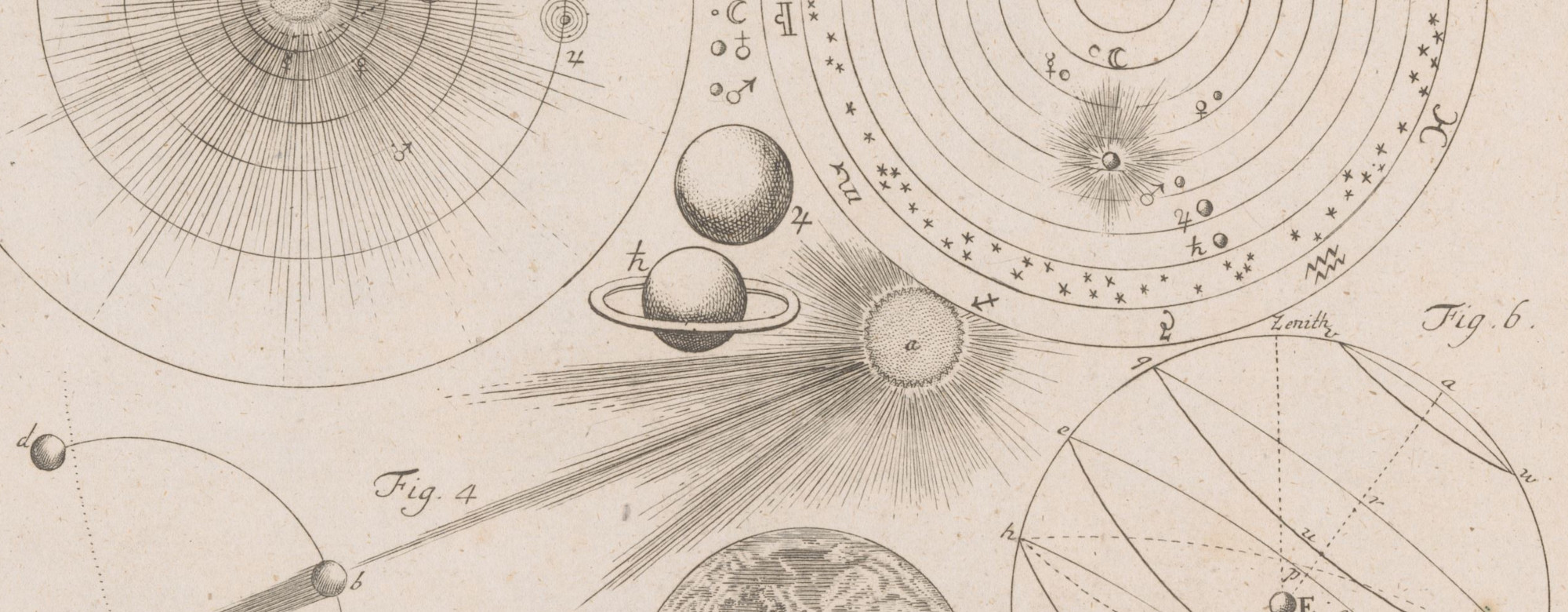 Encyclopedic drawing of the moon and planets