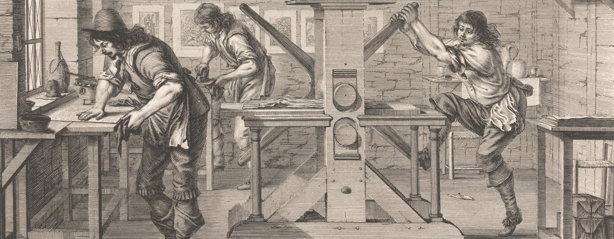 Etching of a printer's press by Abraham Bosse.
