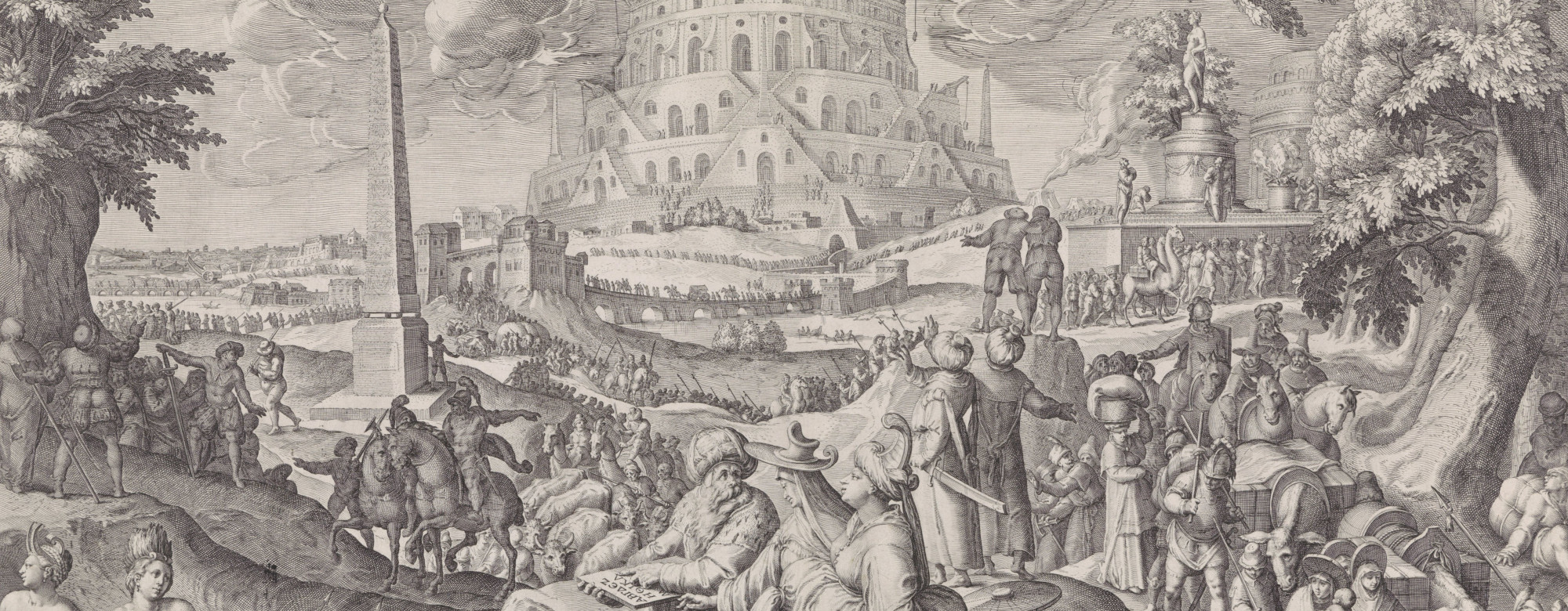 Cropped engraving of the construction of the tower of Babel by Zacharias Dolendo.
