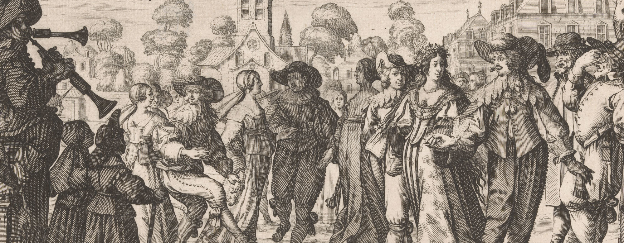 Cropped etching of a wedding scene: Front left two musicians playing the shawm. A bridal couple and several young couples in contemporary and old-fashioned clothing dance to the music. On the right, a man stands against a tree, viewing the scene through his pince-nez. A church tower in the background.