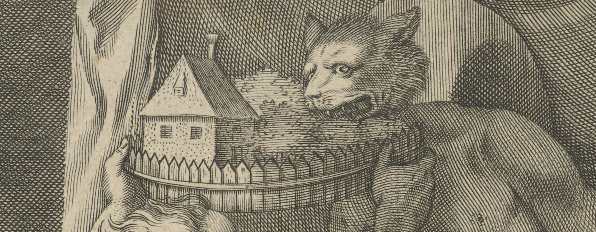 Cropped engraving of an allgegory on the abuse of property rights by Cornelis Galle (I).