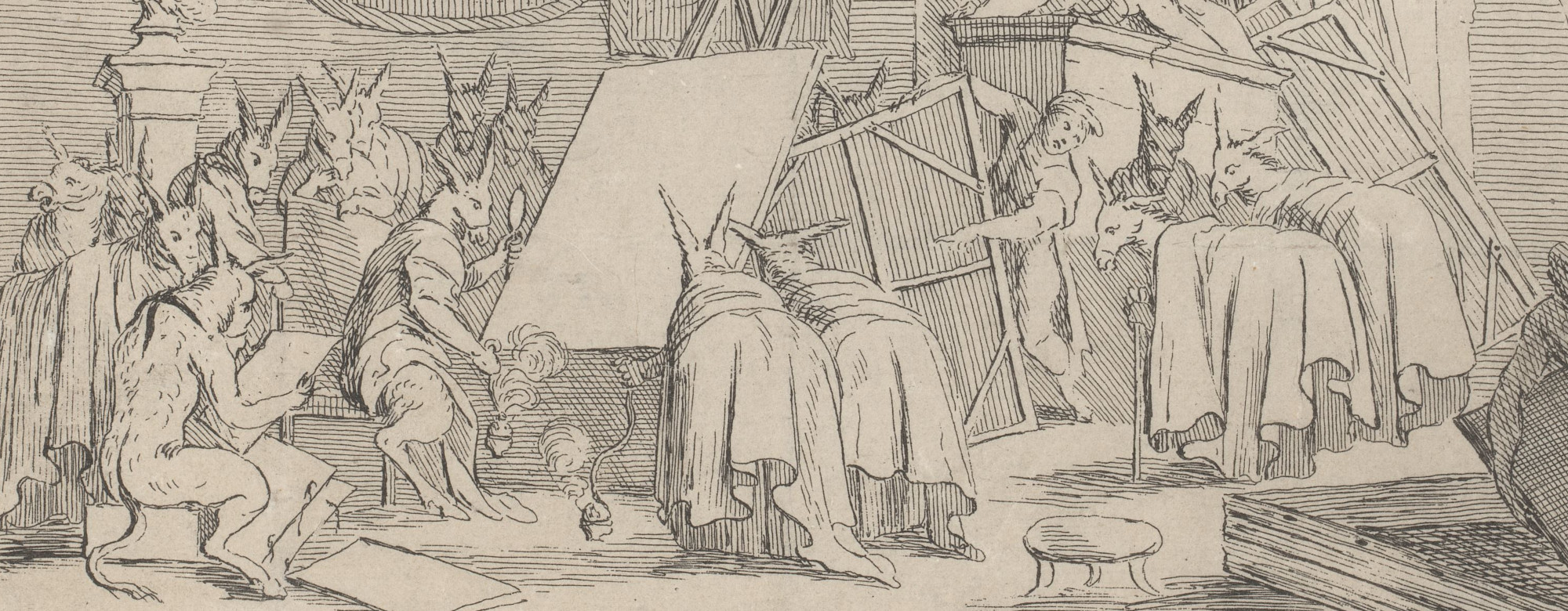 A satire on the art business in which art experts and dealers who assess paintings are depicted as donkeys. After the drawing by Trémolières in the Hessisches Landes Museum in Darmstadt (cropped).