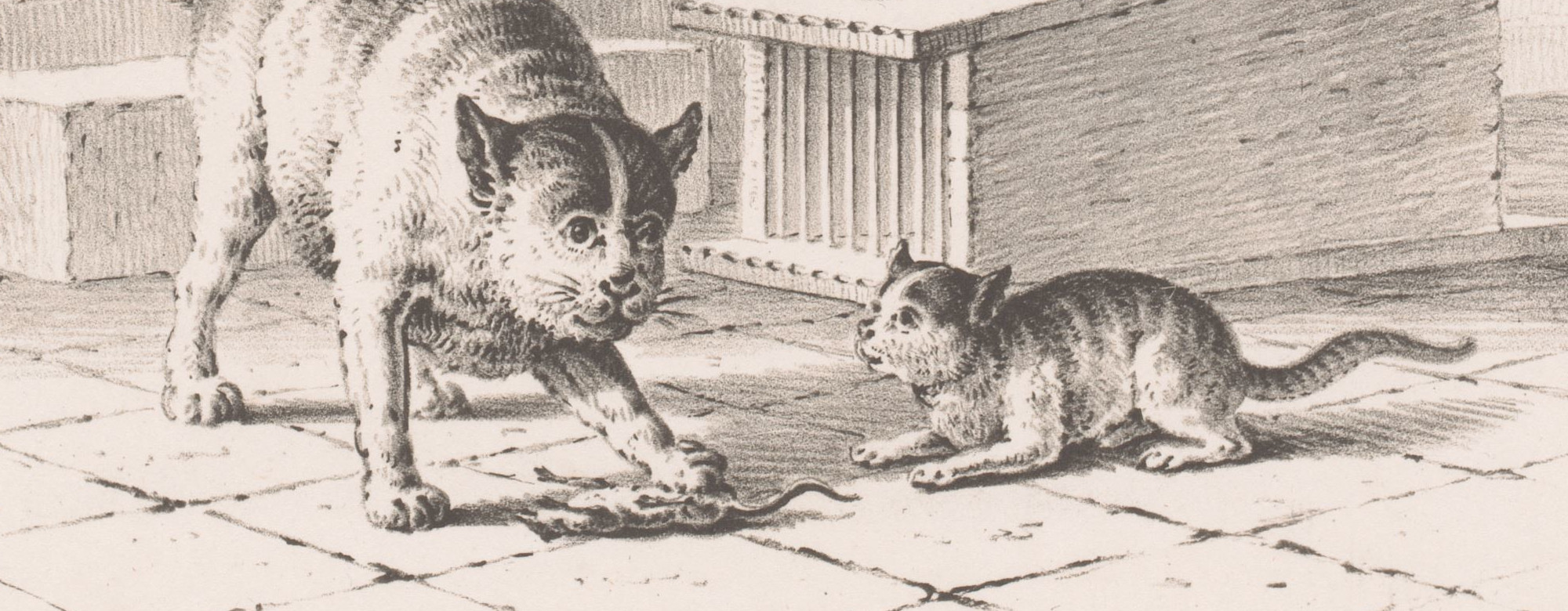 Cropped lithograph of two cats playing with a mouse by Pieter de Goeje.