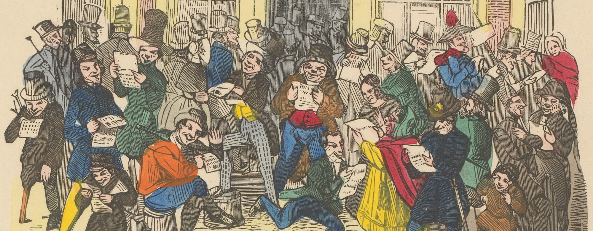 Cropped print of a group of people reading the newspaper in front of a bookstore by anonymous.