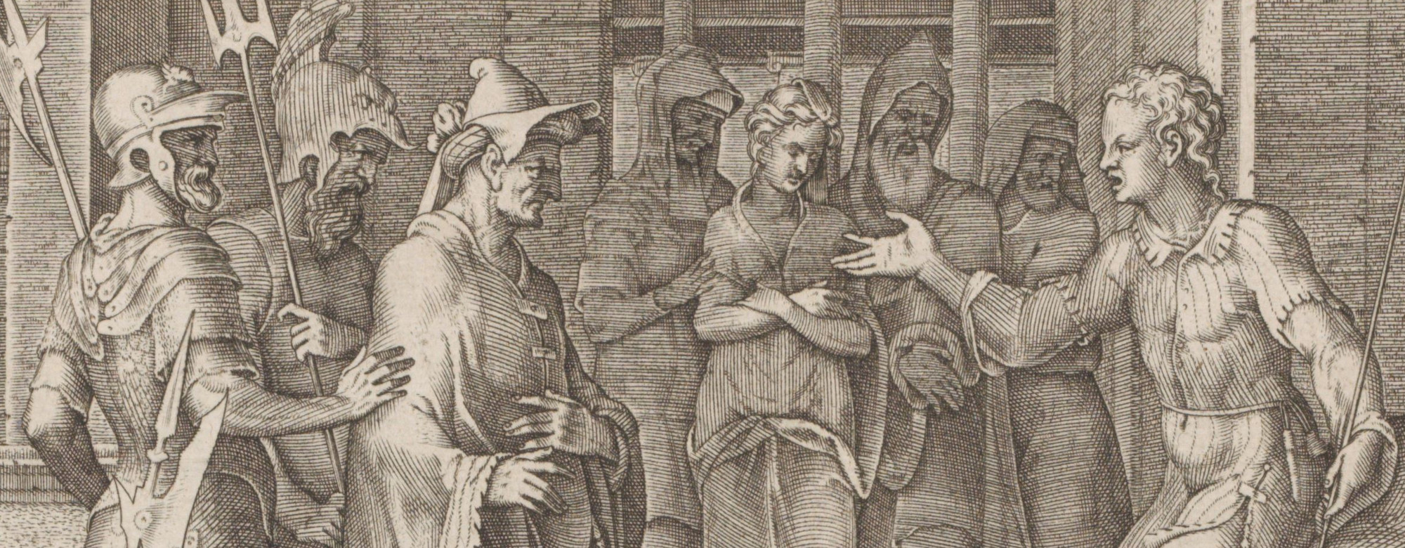 Engraving of Daniel questioning the elders by Philips Galle (after Maarten van Heemskerck)