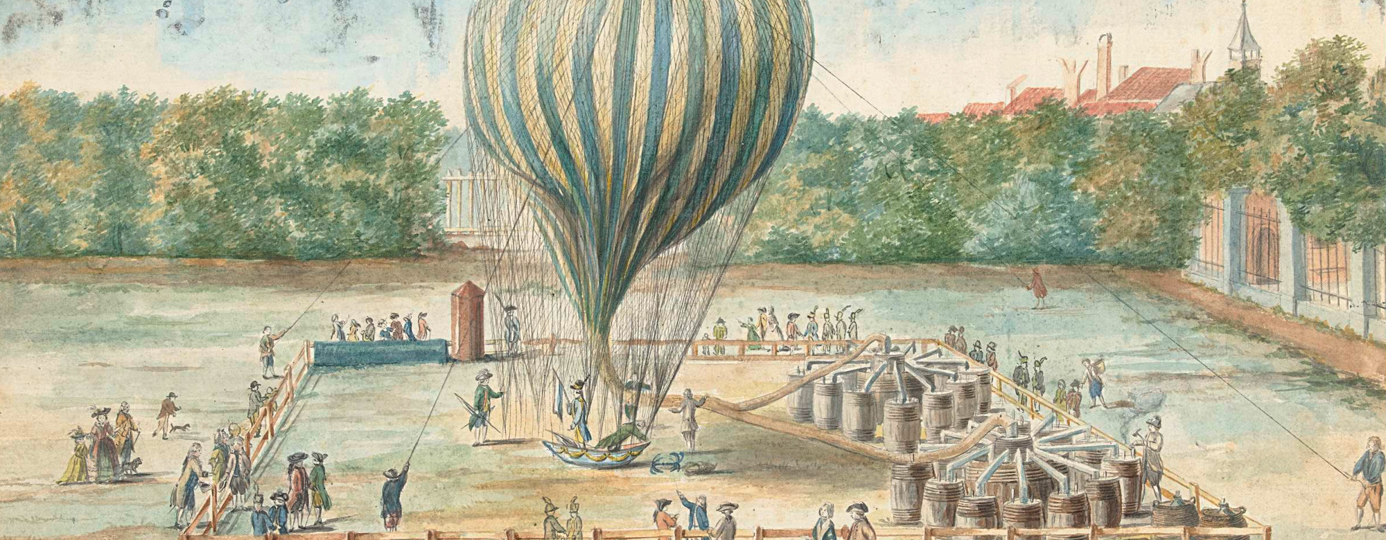 Cropped aquarel showing the launch of Blanchard's balloon at The Hague in 1785 by G. Carbentus.