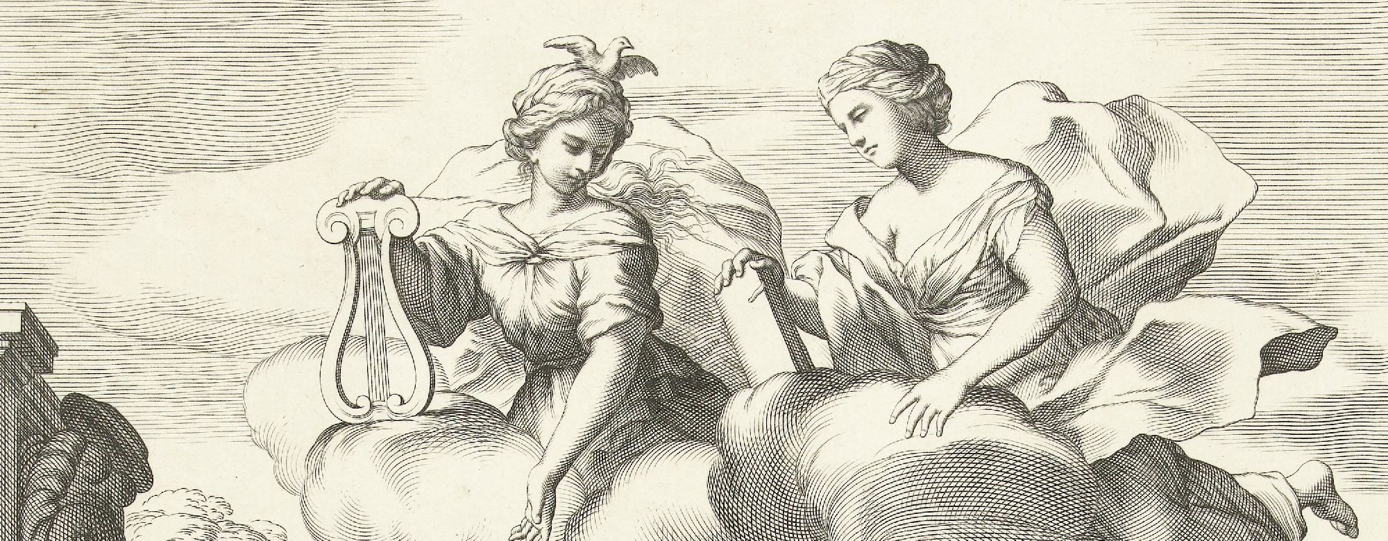 Two muses sitting atop a cloud looking down