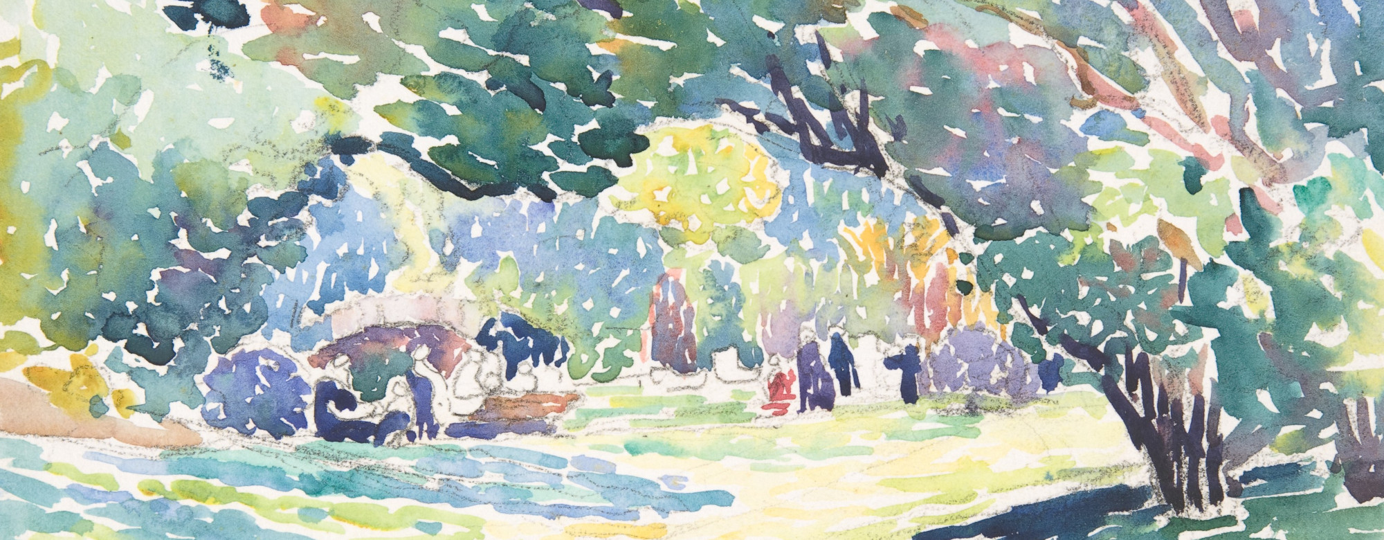 A colourful, dotted landscape with a group of people standing in the midst of a forest clearing.